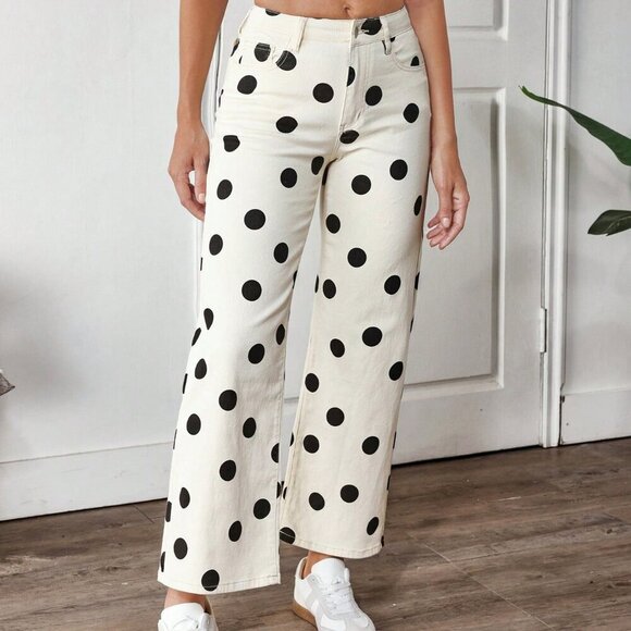 Khaki Casual Women's Color-Block Polka Dot Print Straight Leg Jeans - Picture 4 of 7